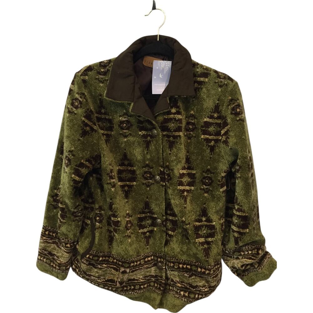 Tsunami Jacket Petite Small Indigenous Collection Green Brown Fleece Vintage NWT